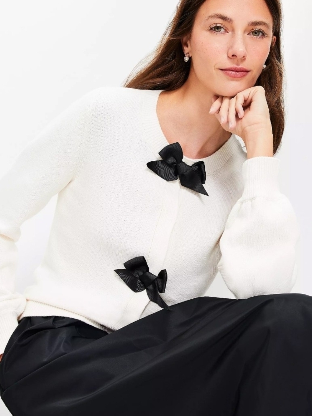 LOFT Ivory Crewneck Cardigan with Black Bow Accents Size XS